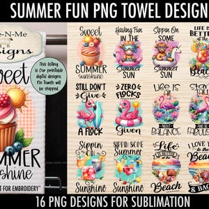 May include: 16 digital designs for sublimation featuring summer-themed illustrations. The designs include a cupcake with the text "Sweet Summer Sunshine", flamingos, and beach-themed phrases like "Life is Better at the Beach".