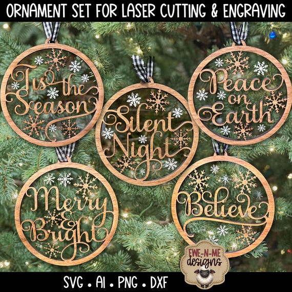 Christmas Words Ornament SVG Bundle | 5 Laser Ready Layered Designs | Peace on Earth, Believe, Silent Night, Merry & Bright, Tis The Season