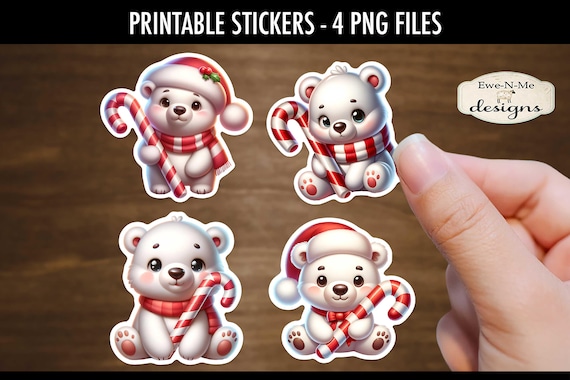 Polar Bears & Candy Canes Printable Stickers | 4 Polar Bear PNG Stickers | Print and Cut Polar Bear Stickers | Christmas Stickers