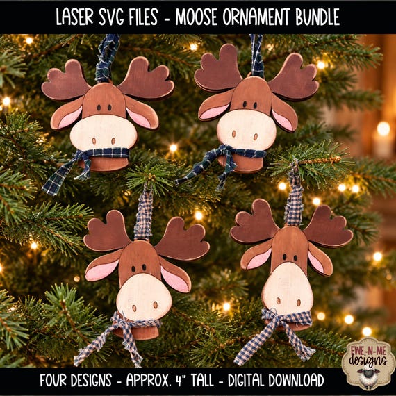 Moose Ornament Bundle - Christmas Moose Laser Ready SVG File -  4 Designs