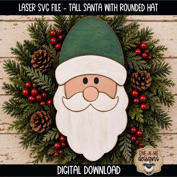 Tall Santa with Rounded Hat SVG, Laser Cut Christmas Santa File, Wood Santa Door Hanger, Wreath Attachment SVG