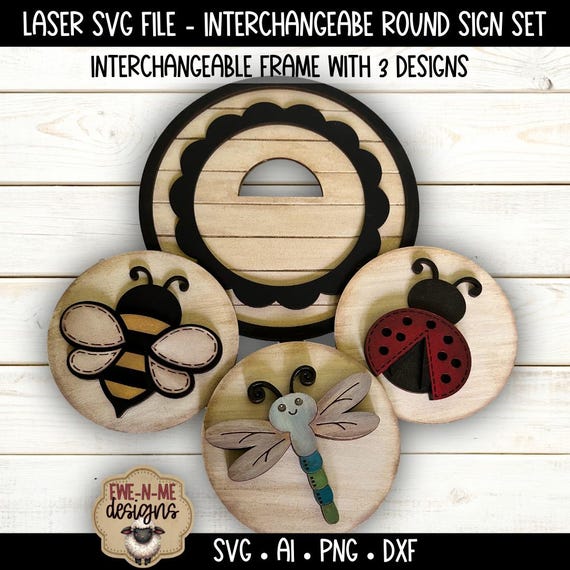 Interchangeable Round Sign SVG - Bee Ladybug Dragonfly Set - Layered Laser Cut File