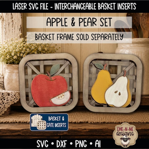 Interchangeable Tobacco Basket Inserts SVG - Apple & Pear Set - Fall Laser Cut File - Basket Insert Decor - Laser SVG
