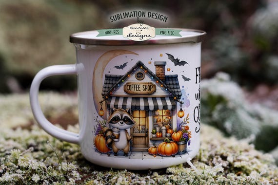 Raccoon Coffee Shop Halloween Mug Design - Feral Without Coffee -  Halloween 11 and 15 oz. Mug Sublimation Wrap PNG