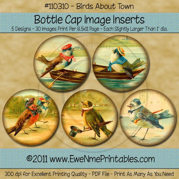 Bird Bottle Cap Images - 1 Inch Round Printable Images with Personified Birds - Birds About Town - Digital PDF and/or JPG File