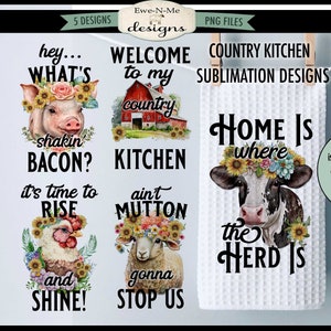 Country Kitchen Farm Animal Sublimation Bundle -  Kitchen Towel Sublimation Designs - Farmhouse Kitchen Designs