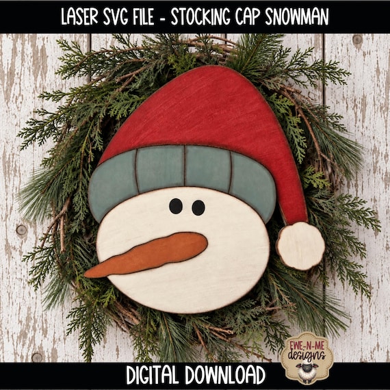 Primitive Snowman Face Laser Ready SVG File, Stocking Cap Snowman Wood Cutout, Winter Snowman Wreath Attachment, DIY Laser Cut File