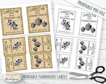 Étiquettes imprimables de ferme - confitures de foire du comté - confiture de mûres - confiture de fraises - fichier PDF et/ou JPG d'impression numérique