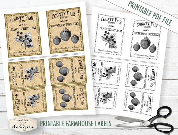 Printable Farmhouse Labels - County Fair Preserves - Blackberry Jam - Strawberry Preserves -  Digital Print PDF and/or JPG File