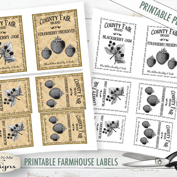 Printable Farmhouse Labels - County Fair Preserves - Blackberry Jam - Strawberry Preserves -  Digital Print PDF and/or JPG File