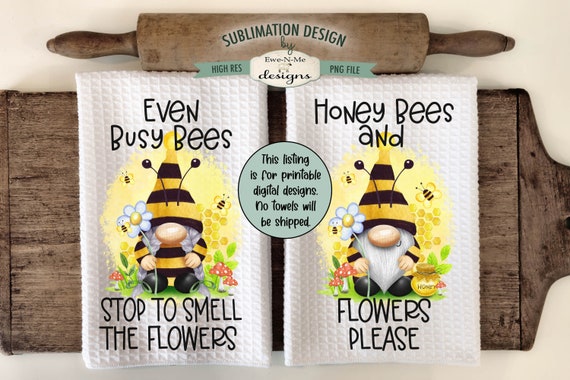 Spring Bee Gnome Sublimation Kitchen Towel Designs -  Busy Bee Gnome - Honey Bees Gnome - Boy and Girl Bee Gnome Towel PNG Designs