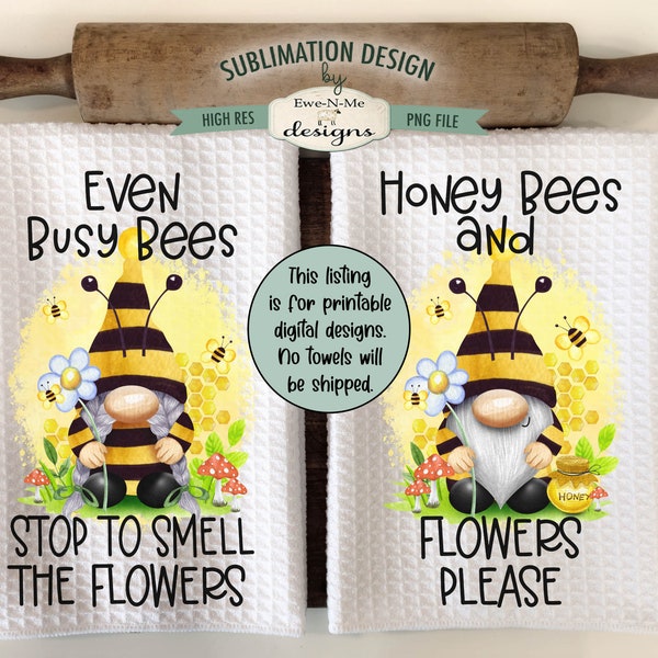 Spring Bee Gnome Sublimation Kitchen Towel Designs -  Busy Bee Gnome - Honey Bees Gnome - Boy and Girl Bee Gnome Towel PNG Designs