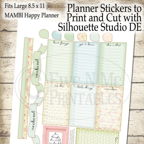 Printable Planner Stickers - Letter Size Planner - Large Happy Planner Stickers Printable - Print Cut Silhouette Studio DE - Shabby Cottage