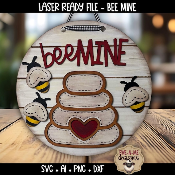 Bee Mine Valentine Door Hanger Laser Cut File | Bee Valentine Sign SVG | Layered Valentine Laser File | 11 Inch Round SVG