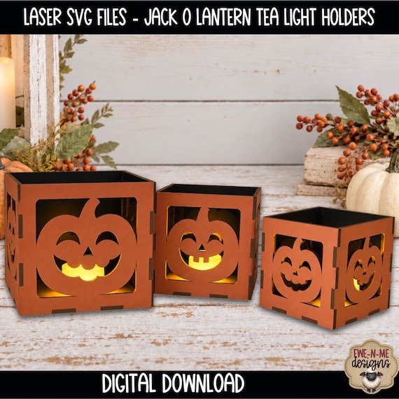 Laser Ready SVG File - Jack O Lantern Tea Light Holders - Nesting Pumpkin Boxes in 3 Sizes