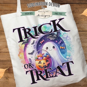 May include: A white tote bag with a sublimation design featuring a cartoon ghost holding a bucket of candy. The text "Trick or Treat" is written in black letters.
