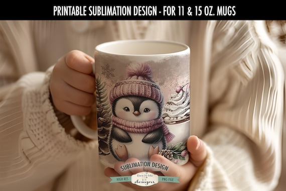 Penguin in Pink Sublimation Design for Mugs  | Penguin Christmas Mug | Printable 11 oz. and 15 oz. Mug Sublimation Wrap PNG