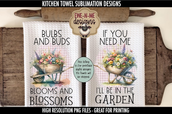Spring Flowers Wheelbarrow Towel Sublimation Design - Kitchen Towel Spring Flower Sublimation Designs - In The Garden - Blooms and Blossoms