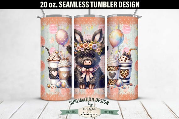 20 oz Easter Black Highland Cow with Coffee Sublimation Tumbler Design | Seamless Design for 20 oz Tumbler | Easter Highland Tumbler Design