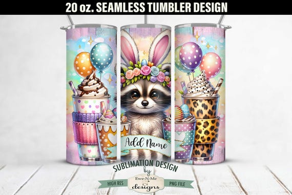 20 oz Easter Raccoon Wearing Bunny Ears Balloons Sublimation Tumbler Design | Seamless Design 20 oz Tumbler | Easter Raccoon Tumbler Design