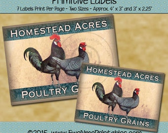 Imprimable coq, feuille d'étiquettes de poulet fermier Homestead acres, grains de volaille - fichier PDF/JPG imprimable