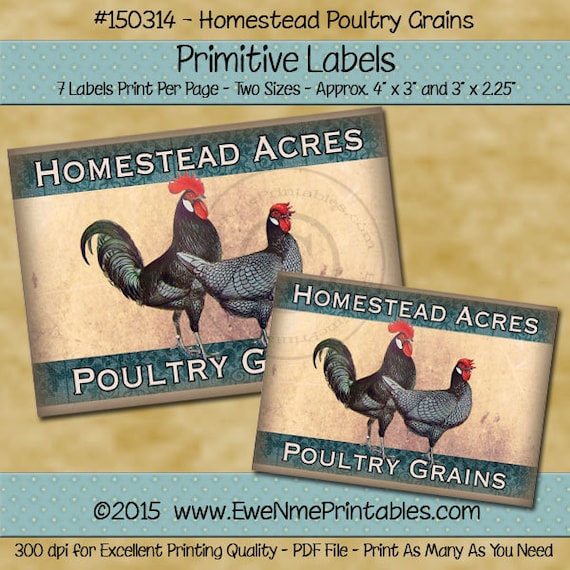 Printable Rooster, Chicken Farmhouse Label Sheet Homestead Acres Poultry Grains - Printable PDF/JPG File