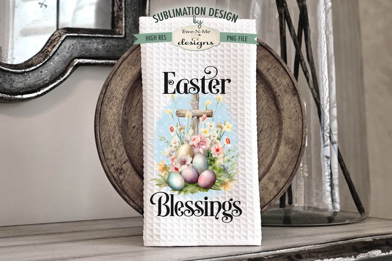 Easter Cross Kitchen Towel Sublimation Designs He Is Risen Easter Blessings Religious Easter Kitchen Towel Designs image 2