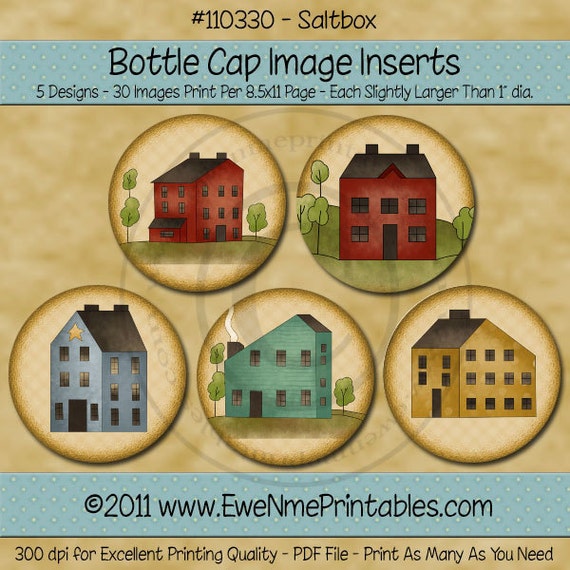 Primitive Saltbox Style House Bottle Cap Image Printables - 1 inch Round bottlecap Images - Digital PDF and/or JPG File