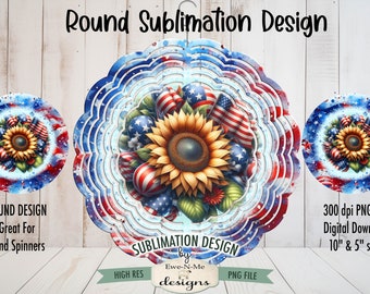 Patriotic Sunflower Wind Spinner Sublimation Design | Red White Blue Sublimation Design | July 4th Sunflower Door Hanger Design