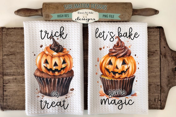Halloween Cupcakes Kitchen Towel Sublimation Design -  Kitchen Towel Jack O Lantern Sublimation Designs - Halloween Kitchen Designs