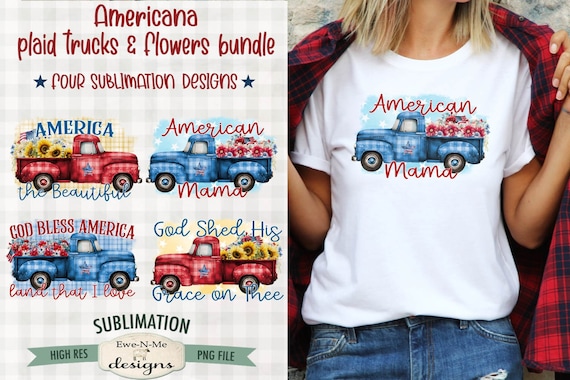 Patriotic Trucks Sublimation Bundle -  Patriotic Plaid Truck Sublimation Designs - Flowers Flags Vintage Truck PNG files