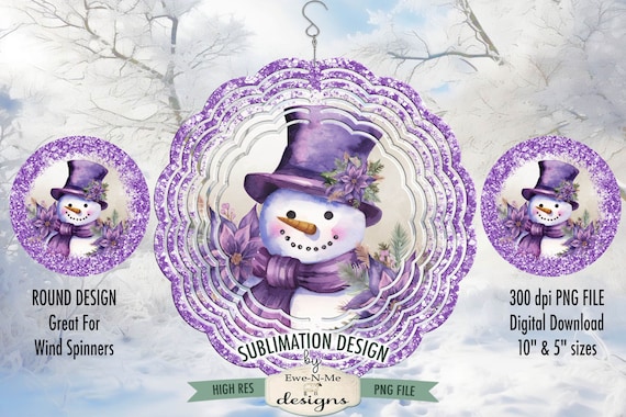 Purple Floral Snowman Wind Spinner Sublimation Design | Round Snowman Sublimation Design | Purple Christmas Sublimation Design