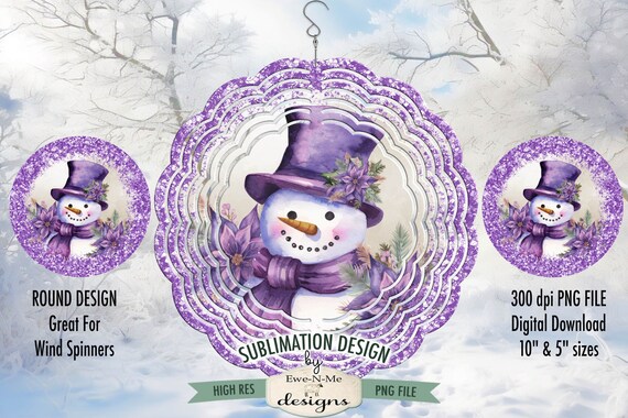 Purple Floral Snowman Wind Spinner Sublimation Design | Round Snowman Sublimation Design | Purple Christmas Sublimation Design