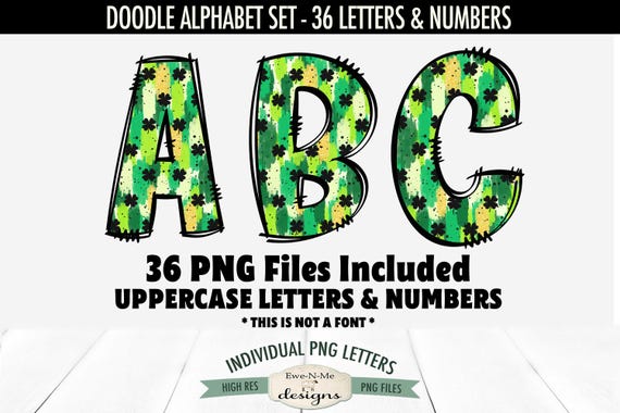 St Patricks Brushstrokes Doodle Alphabet & Numbers | 36 PNG Files | Individual Letters and Numbers PNGs | Brush Stroke Letters and Numbers
