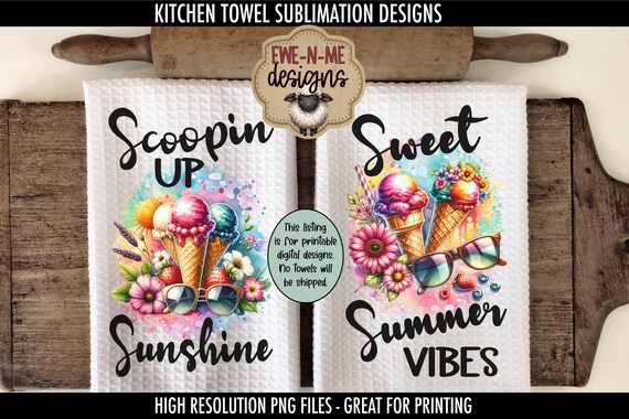 Summer Ice Cream Kitchen Towel Sublimation Designs - Sweet Treat Towel PNGs - Cute Summer Dessert Clipart for Towels