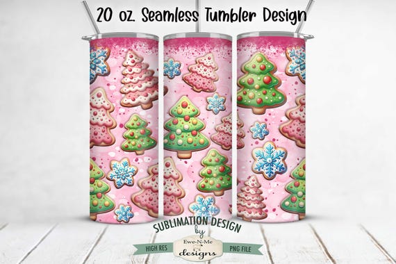 Pink Christmas Cookies 20 oz SEAMLESS Tumbler Sublimation Design - Cute  Pink Christmas Tree Cookies -  Christmas Tumbler Design
