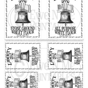 May include: Four vintage-style labels for Liberty Mills flour. Each label features a black and white illustration of the Liberty Bell and the text "Liberty Mills" with a decorative flourish. The labels also include the text "Stone Ground Wheat Flour" and "All Purpose White Flour" with the weight "10 lbs. net wt.".
