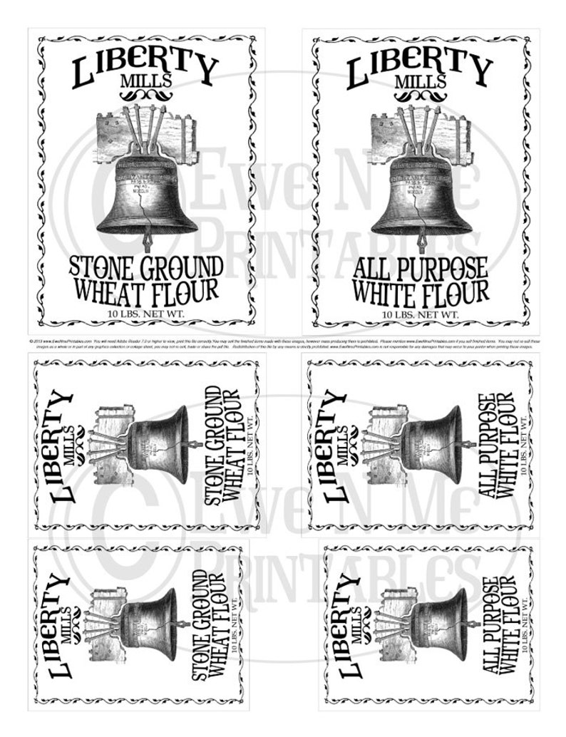 May include: Four vintage-style labels for Liberty Mills flour. Each label features a black and white illustration of the Liberty Bell and the text "Liberty Mills" with a decorative flourish. The labels also include the text "Stone Ground Wheat Flour" and "All Purpose White Flour" with the weight "10 lbs. net wt.".