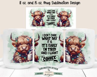 Grumpy Highland Cow Coffee Sublimation Mug Design - Christmas Highland Cow Tangled Lights - Printable 11 and 15 oz Mug Sublimation Wrap PNG
