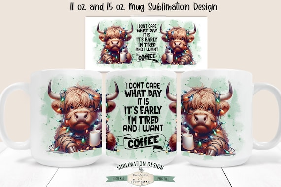 Grumpy Highland Cow Coffee Sublimation Mug Design - Christmas Highland Cow Tangled Lights - Printable 11 and 15 oz Mug Sublimation Wrap PNG