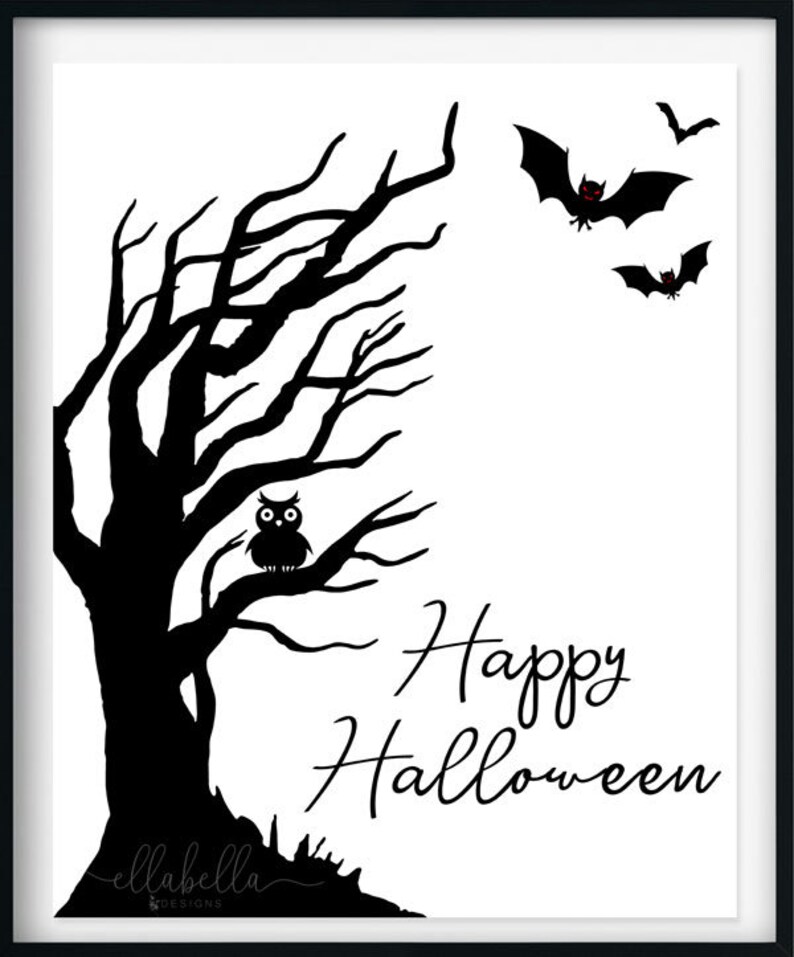 Happy Halloween Sign PRINTABLE Wall Art Haunted Spooky Tree Etsy