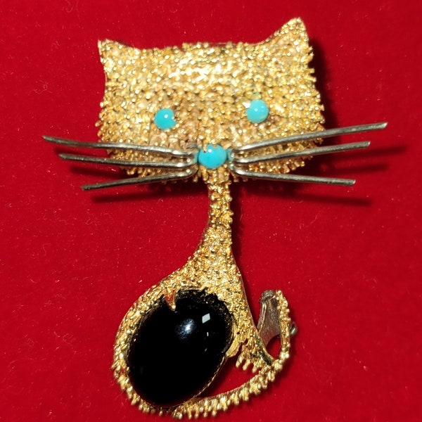 18K Gold, onyx and Turquoise Corletto Cat Brooch Pin