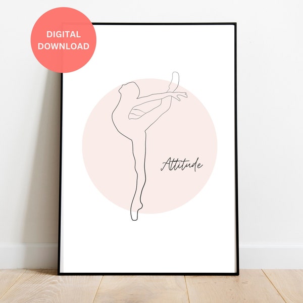 Ballet Attitude Line Art Poster, Ballerina Minimalist Printable Wall Art, Dancer Neutral Digital Print, Ballet Teacher Gift, En Pointe Decor