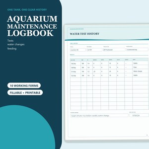Może przedstawiać: Dziennik konserwacji akwarium z ciemnoniebieską okładką z napisem ONE TANK, ONE CLEAR HISTORY, AQUARIUM MAINTENANCE LOGBOOK, 10 WORKING FORMS, FILLABLE + PRINTABLE. Wewnętrzna strona przedstawia tabelę historii testów wody.