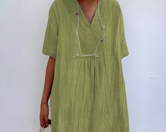 Chic V-Neck Linen Dress: Trendy Summer Fashion, Casual Comfortable Dress, Short Sleeve, Loose Fit - Women's Cotton Apparel, Effortless Style