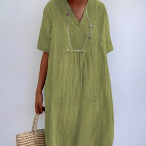 Chic V-Neck Linen Dress: Trendy Summer Fashion, Casual Comfortable Dress, Short Sleeve, Loose Fit - Women's Cotton Apparel, Effortless Style