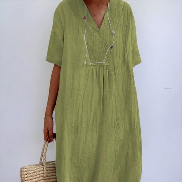 Chic V-Neck Linen Dress: Trendy Summer Fashion, Casual Comfortable Dress, Short Sleeve, Loose Fit - Women's Cotton Apparel, Effortless Style