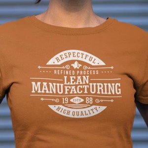 May include: A burnt orange t-shirt featuring a white graphic with the text "Respectful Refined Process Lean Manufacturing 1988 High Quality." The shirt has a crew neck and short sleeves. The background is a blue-grey corrugated metal wall.