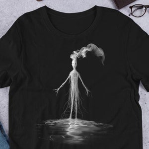 May include: Black t-shirt with a white graphic of a figure with smoke coming from its head standing in a pool of water.