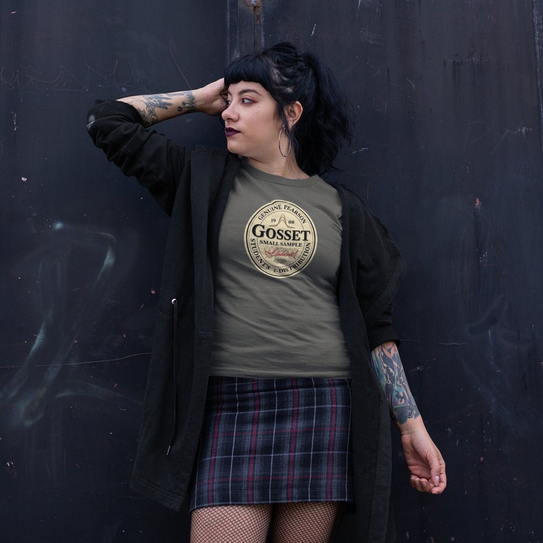 May include: A gray t-shirt with a vintage-style circular graphic that reads "Genuine Pearson Gosset Small Sample Students' Distribution 1908".